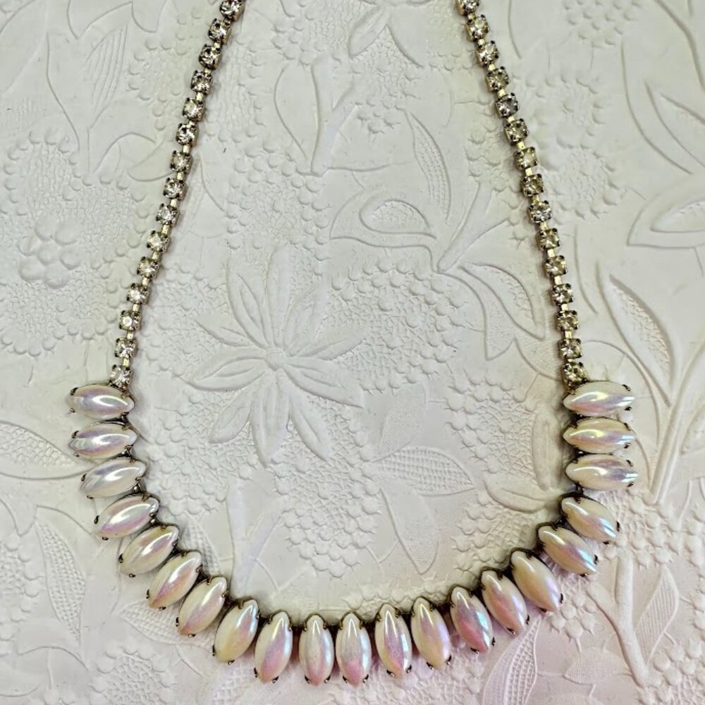 Vintage Juliana D & E Style Opalescent Navette Necklace and Earring Set 1950's
